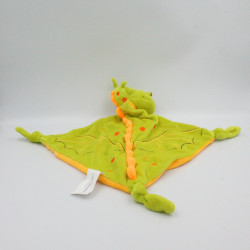 Doudou plat dragon vert orange CARRE BLANC