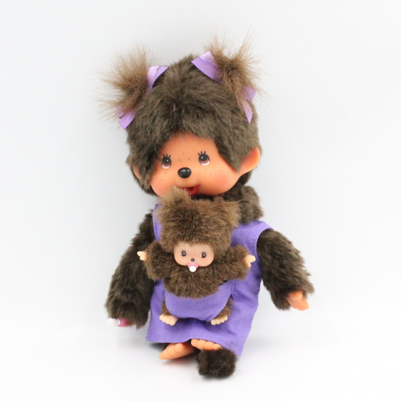 Peluche Singe Kiki Monchhichi robe violet avec bébé SEKIGUCHI