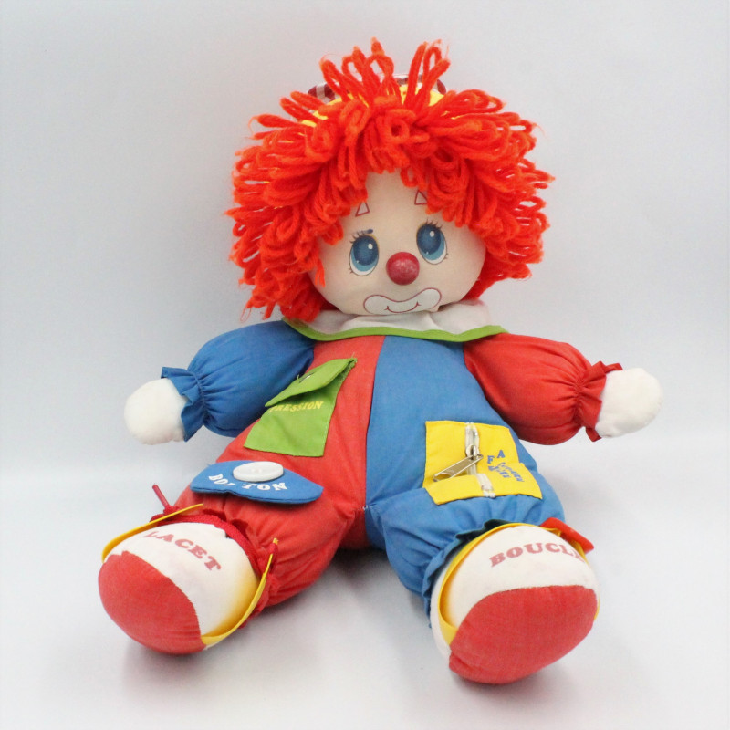 Ancienne peluche poupée clown bleu rouge jaune vert lacet boucle