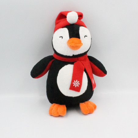 Doudou pingouin noir blanc bonnet écharpe rouge AUGUSTA