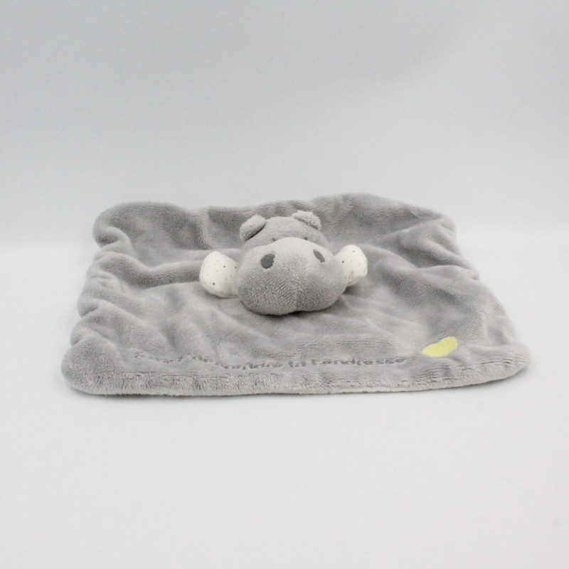 Doudou plat carré hippopotame gris tendresse OBAIBI