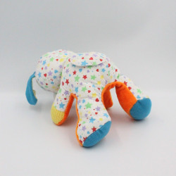 Ancien Doudou chien orange bleu jaune blanc étoiles satin PLAYSKOOL