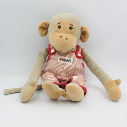 Grande peluche doudou singe gris Popi salopette rouge AJENA