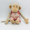 Grande peluche doudou singe gris Popi salopette rouge AJENA