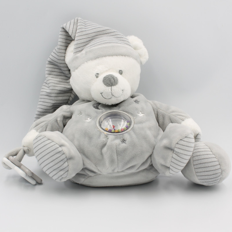 Doudou ours gris blanc rayé hochet MAX ET SAX