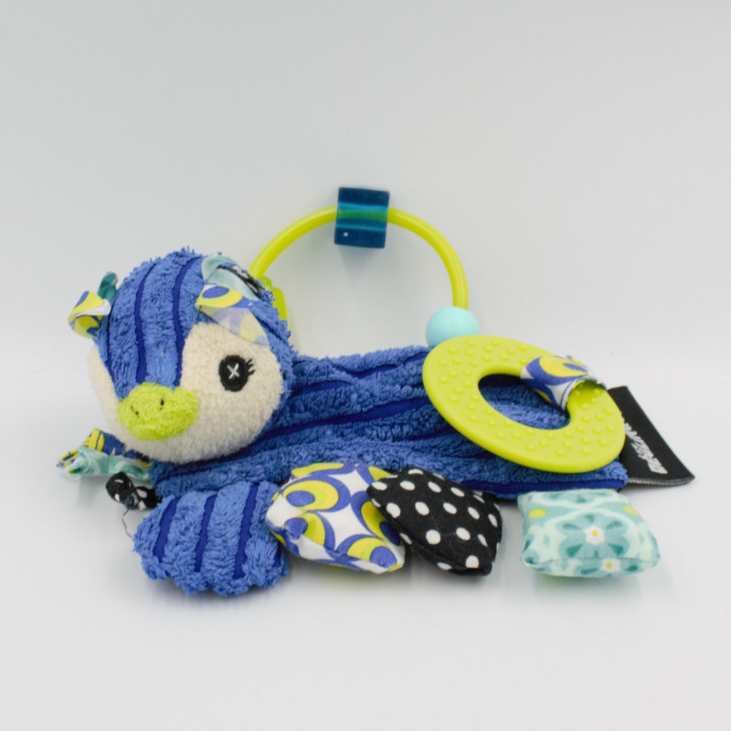 Doudou plat hochet oiseau pingouin bleu Frigos DEGLINGOS