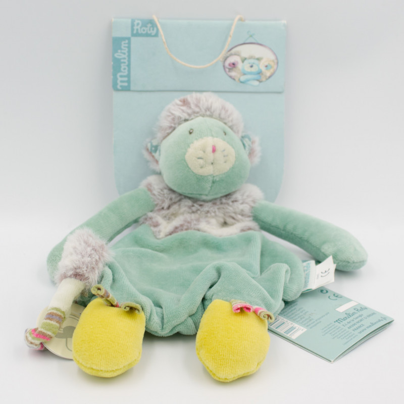 Doudou plat chat bleu gris vert les Pachats MOULIN ROTY NEUF