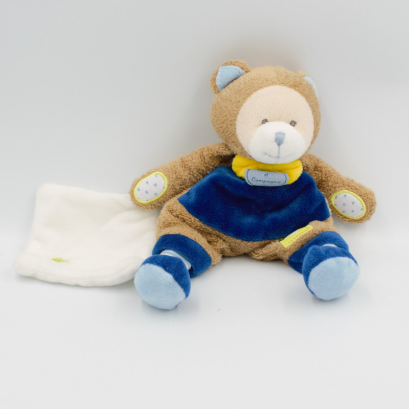 Doudou et compagnie ours beige bleu jaune coeur mouchoir Les Ptitous