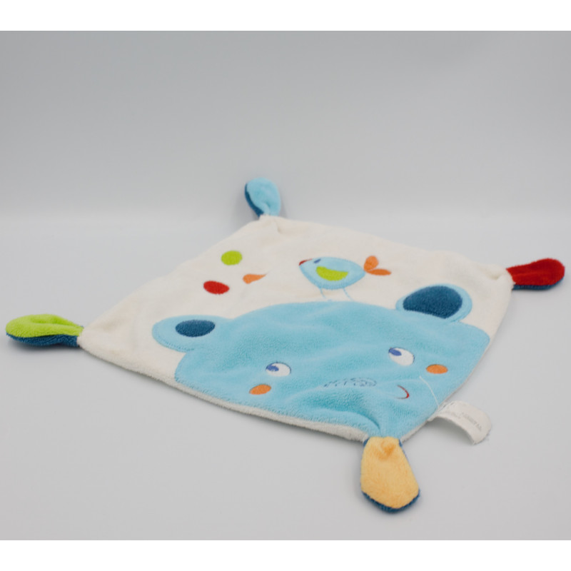Doudou plat carré ours oiseau blanc bleu vert orange rouge NICOTOY