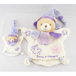 Doudou et compagnie marionnette ours col fleur pétale mauve violet