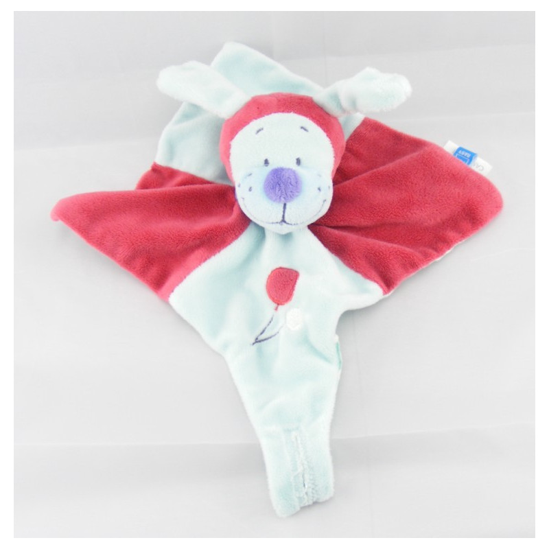 Doudou plat chien rouge bleu attache tétine TEX BABY