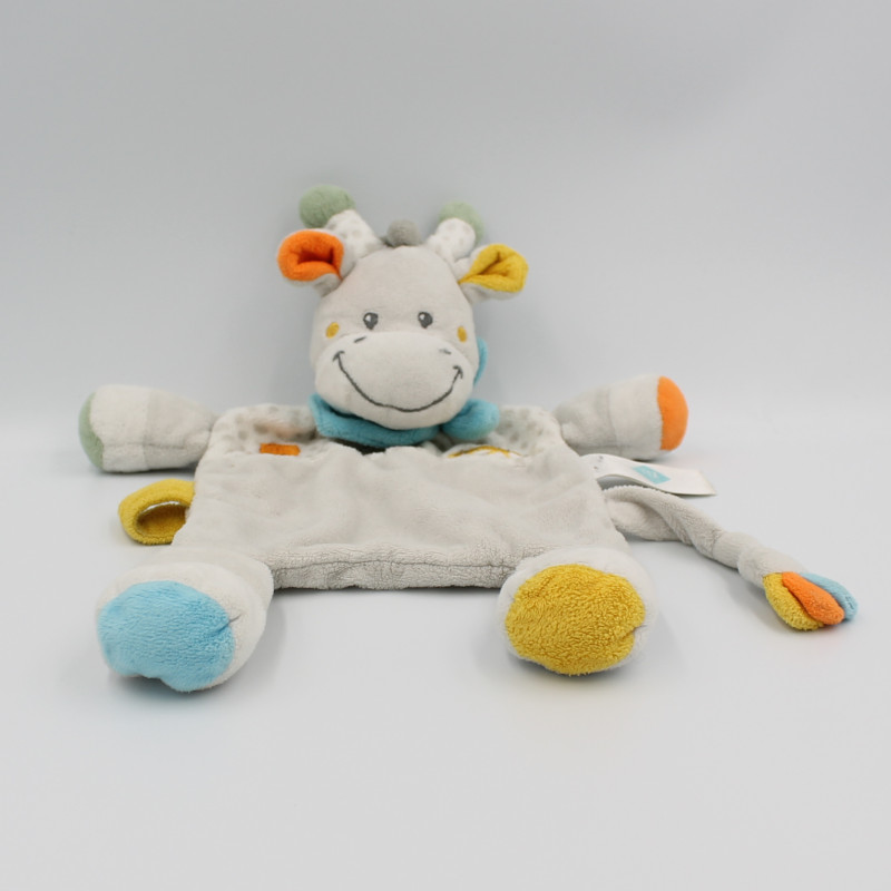 Doudou plat girafe grise jaune bleu orange jungle TEX BABY