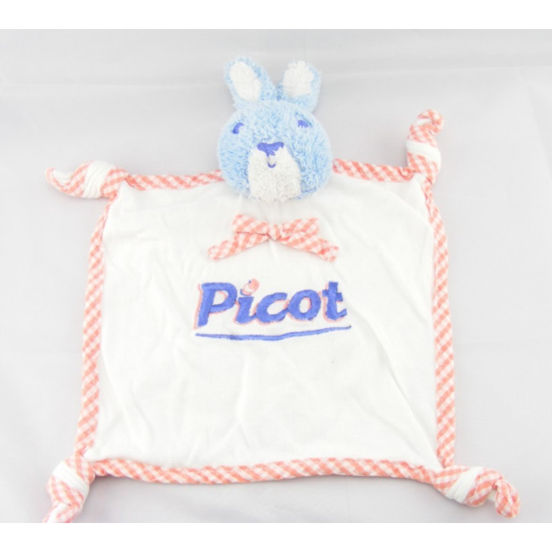 Doudou Plat carré Lapin blanc carreaux bleu PICOT