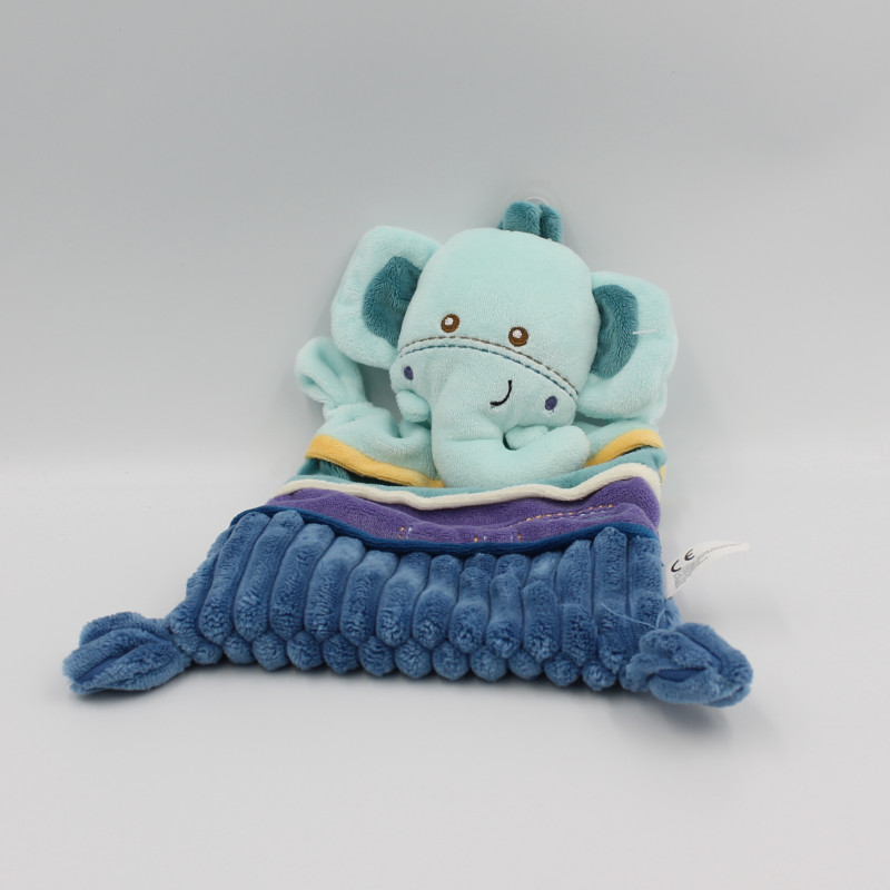 Doudou plat éléphant bleu violet jaune NICOTOY