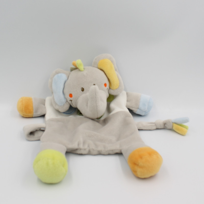 Doudou plat éléphant gris bleu orange vert oiseau NICOTOY