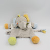 Doudou plat éléphant gris bleu orange vert oiseau NICOTOY