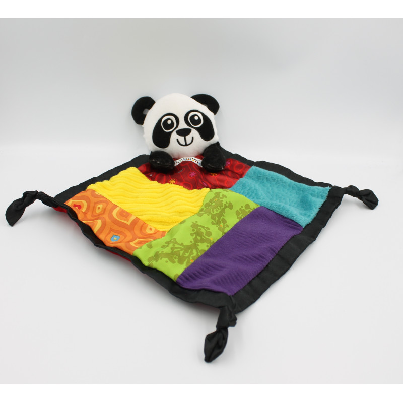 Doudou plat panda rouge jaune vert bleu grelot LAMAZE