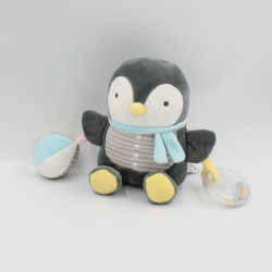 Doudou pingouin gris blanc bleu jaune hochet MOTS D'ENFANTS