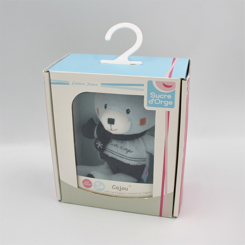 Doudou ours bleu ciel et bleu marine mouchoir cajou SUCRE D'ORGE
