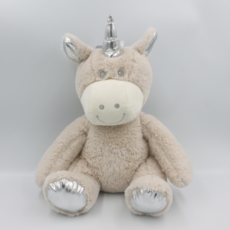 Doudou peluche licorne beige gris argenté