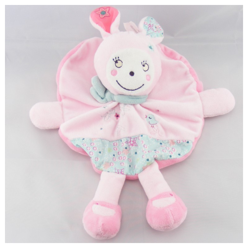 Doudou plat rond  lapin ecru rose NICOTOY