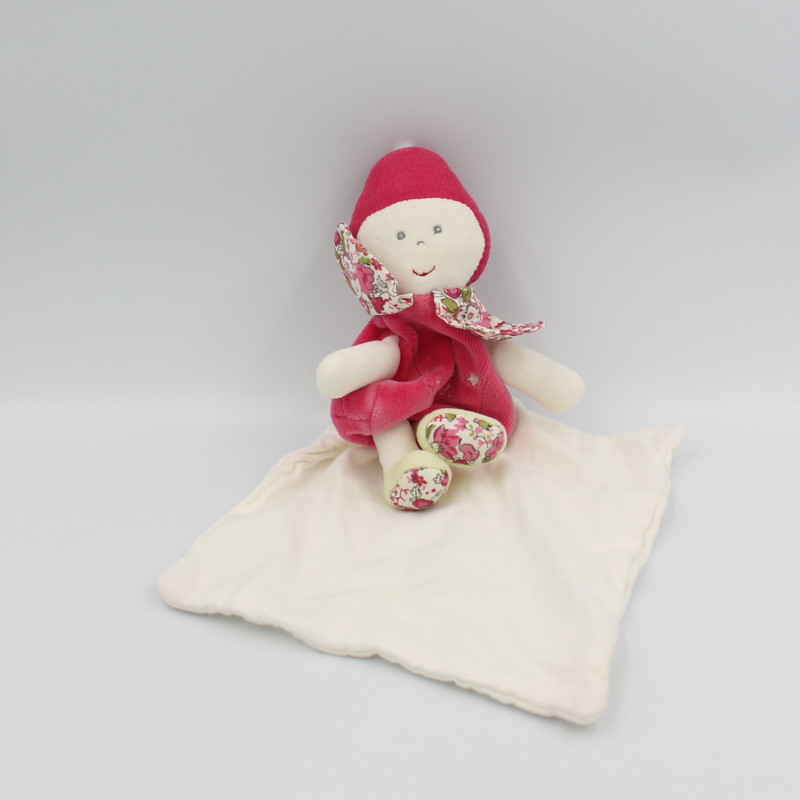 Doudou poupée lutin rose blanc fleurs mouchoir BERLINGOT