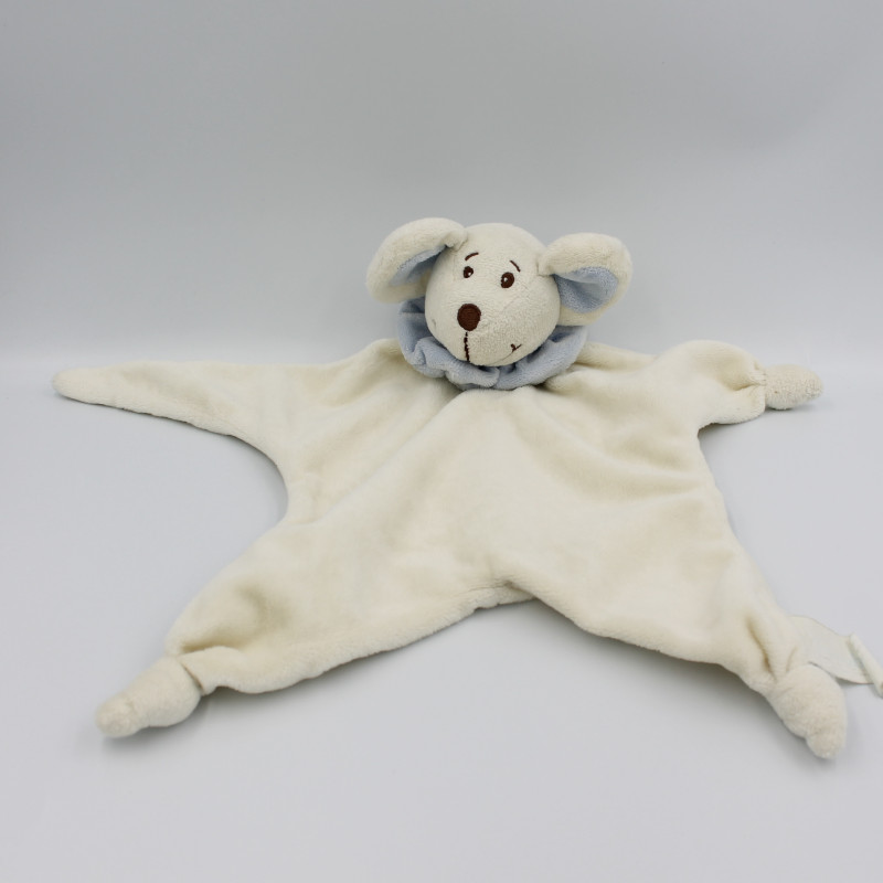 Doudou plat souris blanche bleu BAMBIA