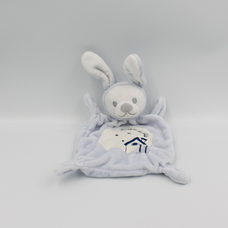 Doudou plat lapin bleu blanc GRAIN DE BLE