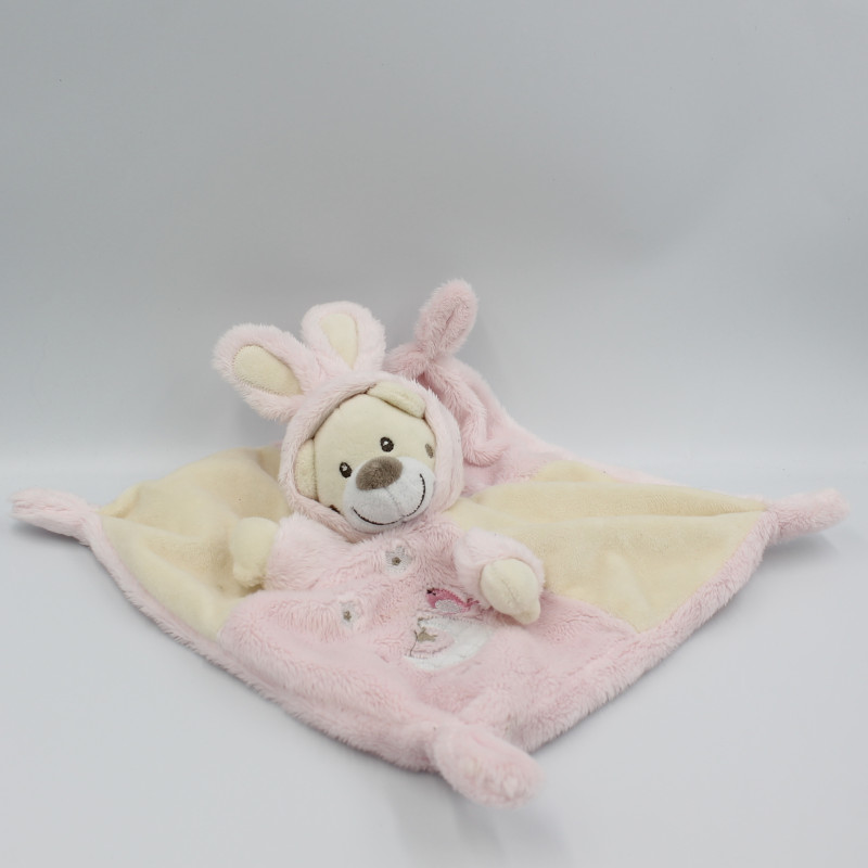 Doudou plat ours déguisé en lapin blanc rose AUCHAN