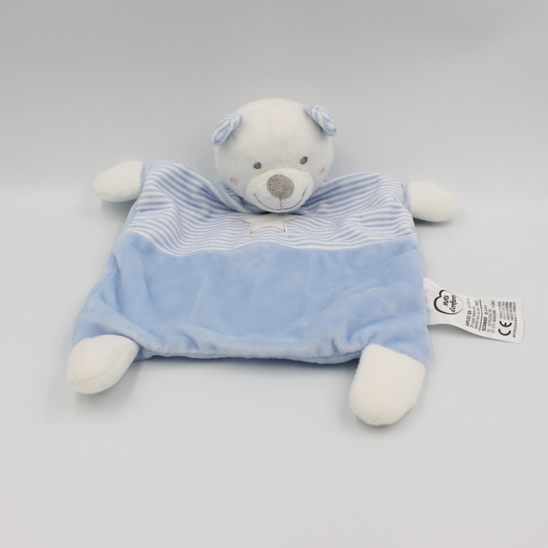 Doudou plat ours blanc bleu rayé étoile MOTS D'ENFANTS