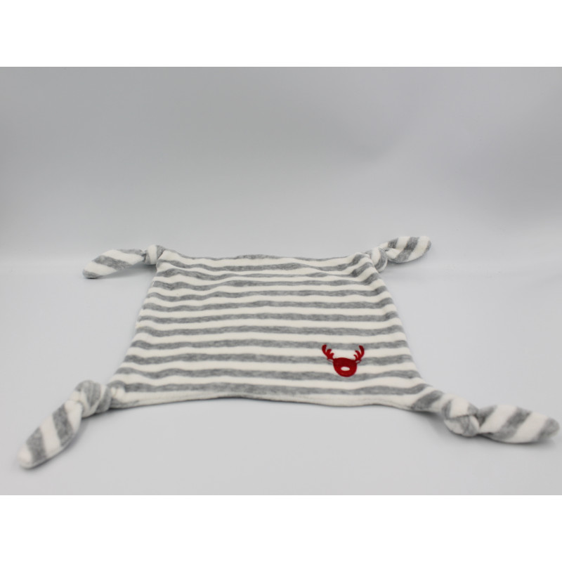 Doudou plat rayé gris blanc cerf renne elan rouge VERTBAUDET