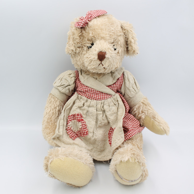 Peluche ours marron robe à carreaux beige rouge LOUISE MANSEN