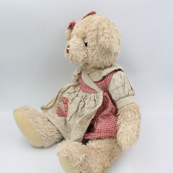 Peluche ours marron robe à carreaux beige rouge LOUISE MANSEN