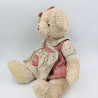 Peluche ours marron robe à carreaux beige rouge LOUISE MANSEN