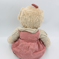 Peluche ours marron robe à carreaux beige rouge LOUISE MANSEN