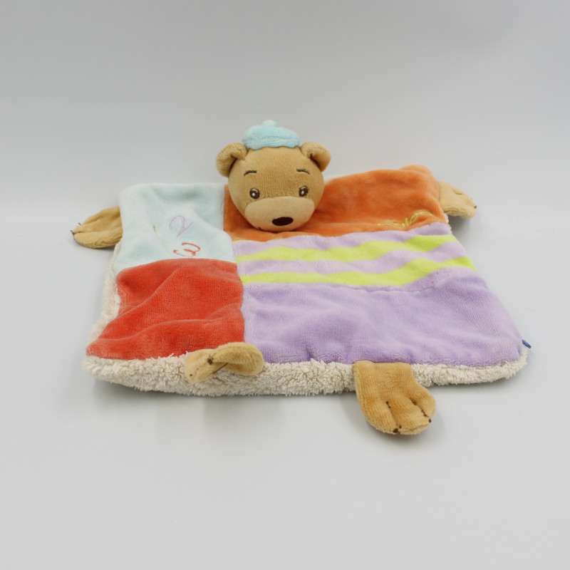 Doudou plat ours patchwork orange bleu mauve rouge vert 123 KALOO