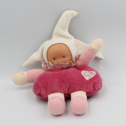 Doudou Poupée lutin rose blanc gris col fleurs coeur Corolle