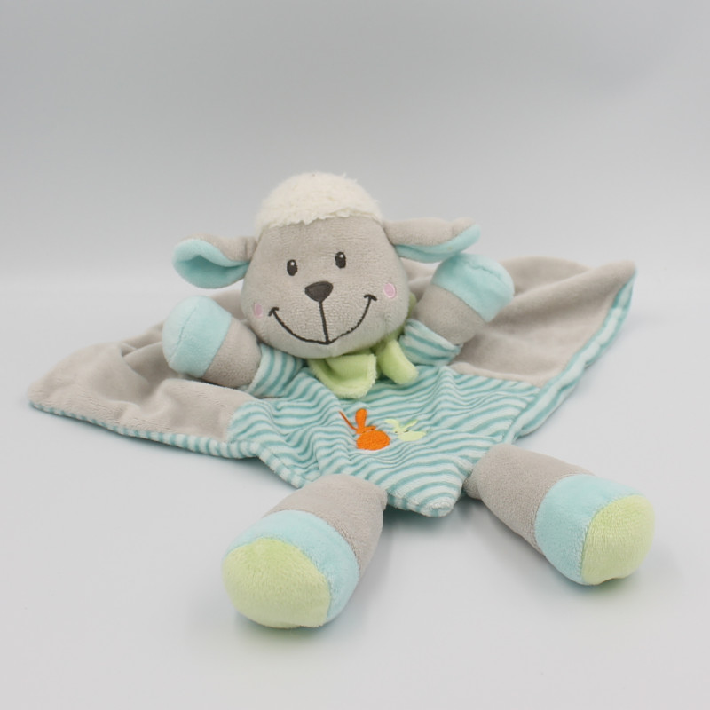 Doudou plat mouton gris rayé bleu lapins brodés NICOTOY