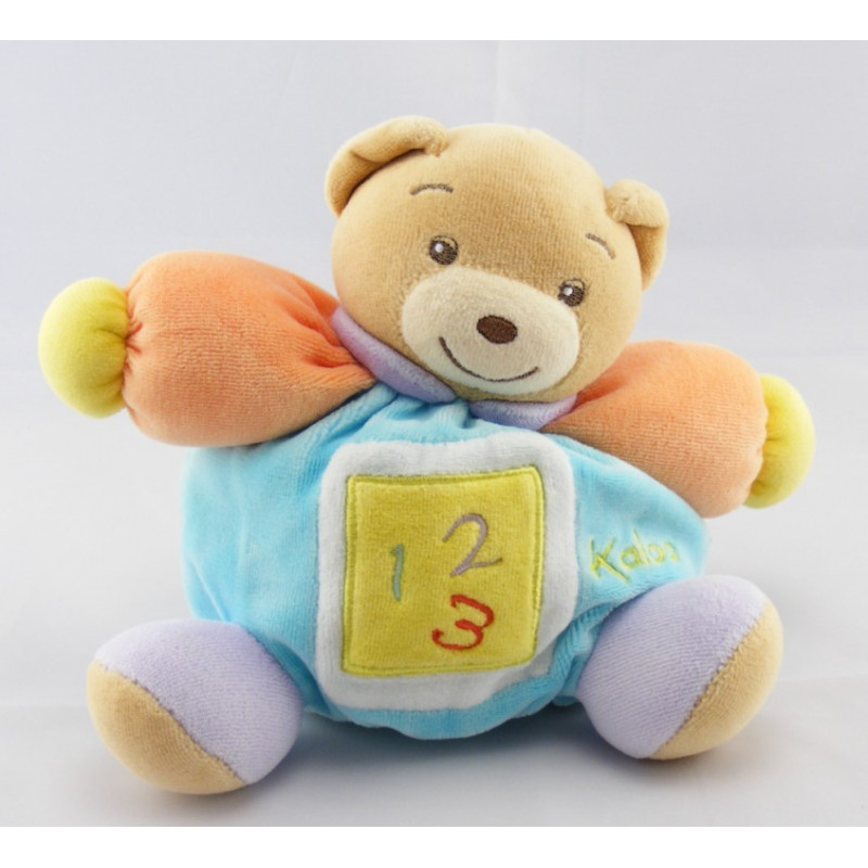 Doudou ours bleu vert rouge col mauve 123 KALOO
