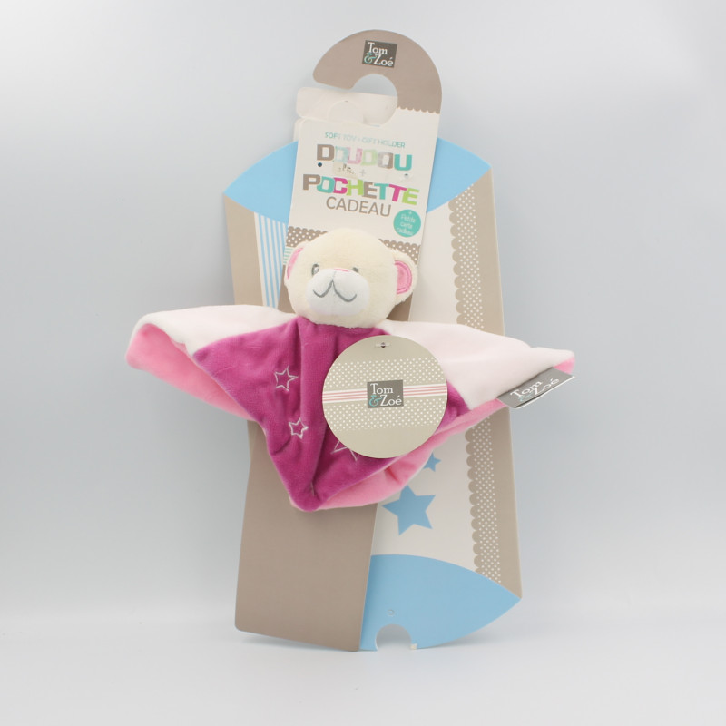 Doudou plat ours blanc rose étoiles TOM & ZOE