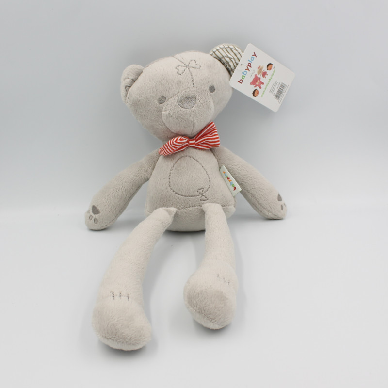 Doudou ours gris rouge BABYPLAY MAMAMIYAS & PAPAS