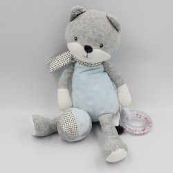 Doudou chat renard gris bleu blanc étoiles hochet TEX