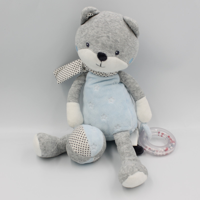 Doudou chat renard gris bleu blanc étoiles hochet TEX