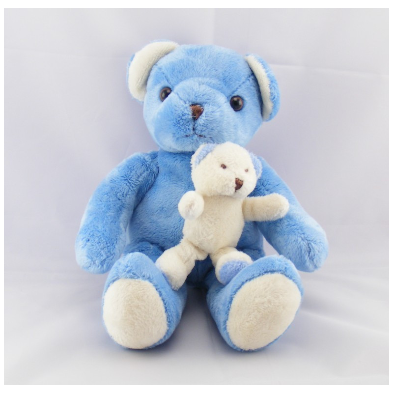 Doudou ours bleu avec bébé ours blanc AJENA