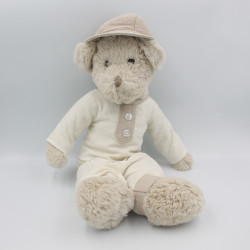 Doudou ours beige blanc lin casquette J-LINE