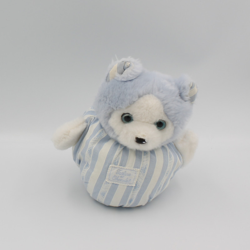 Doudou boule chat ours blanc rayé bleu TARTINE ET CHOCOLAT