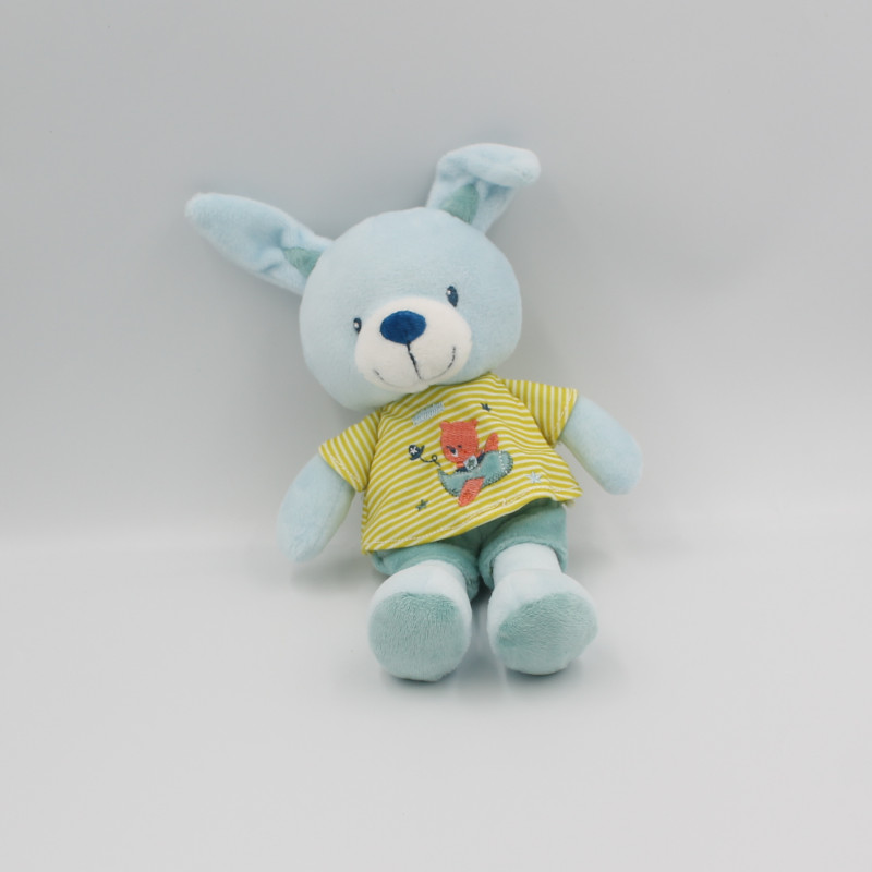 Doudou lapin bleu vert rayé avion POMMETTE