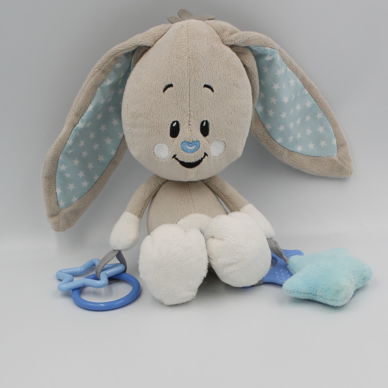 Doudou eveil lapin beige blanc bleu étoiles hochet AUCHAN BABY