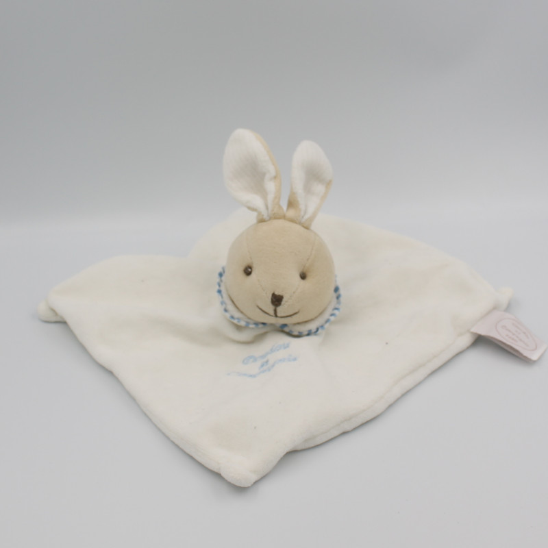 Doudou plat lapin blanc col bleu rayé DOUDOU ET COMPAGNIE