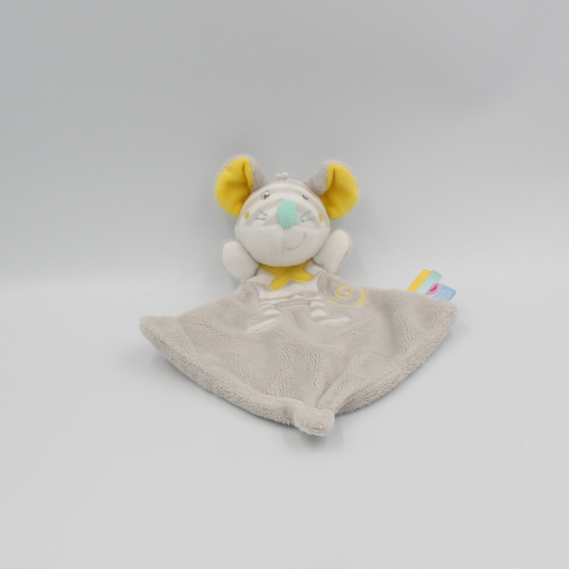 Doudou plat souris gris blanc jaune SUCRE D'ORGE